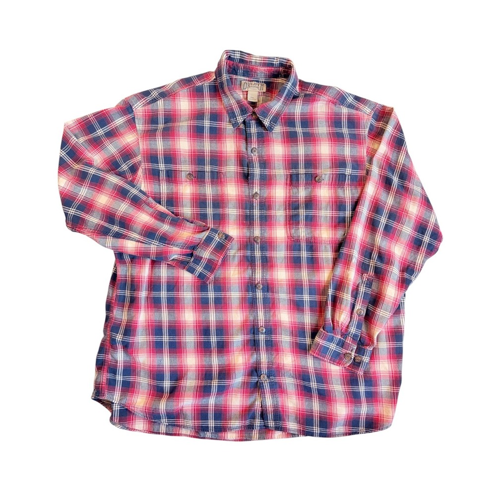Duluth Trading Co Button Down Shirt 2XL Red Blue Plaid Long Sleeve Faux-Button